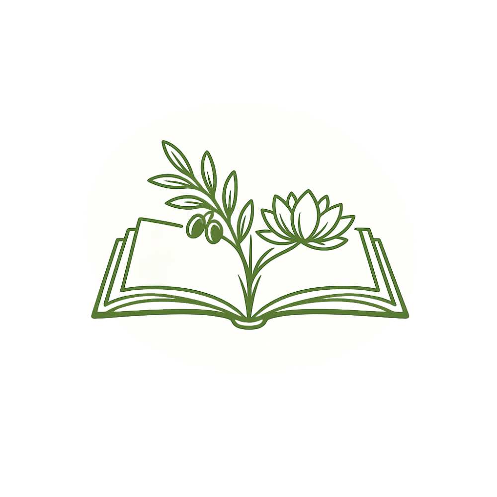 Minimalist line art icon of an open book with a small green sprout and olive branch growing from the center, symbolizing bilingual learning and growth at Suheil's Sanctuary.