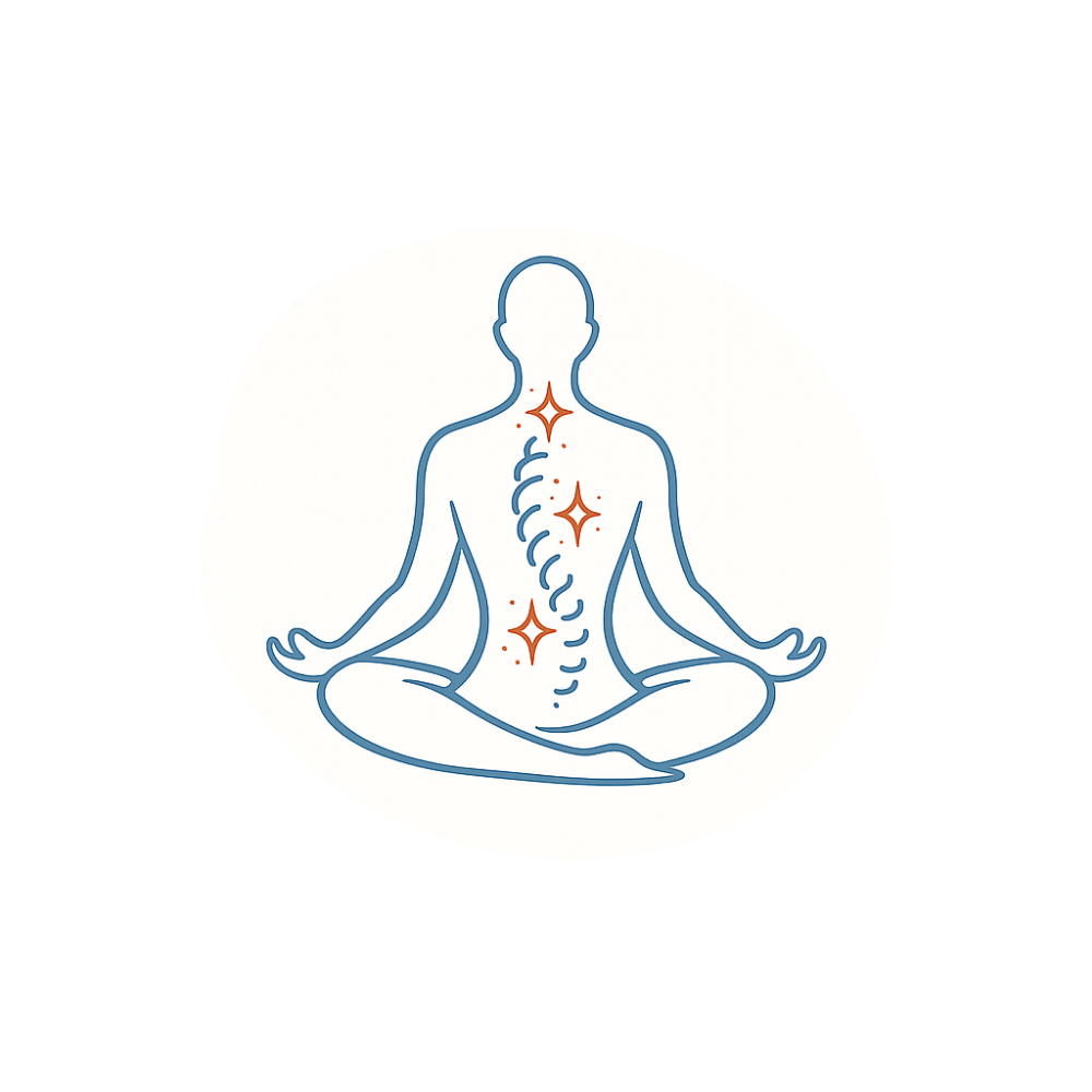 Boho-style minimalist line art of a person in a seated yoga pose with a highlighted spinal column and sparkles, representing ergonomic relief and physical well-being at Suheil's Sanctuary.