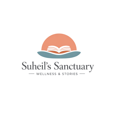 Logo of Suheil's Sanctuary with a sun and book design on a white background